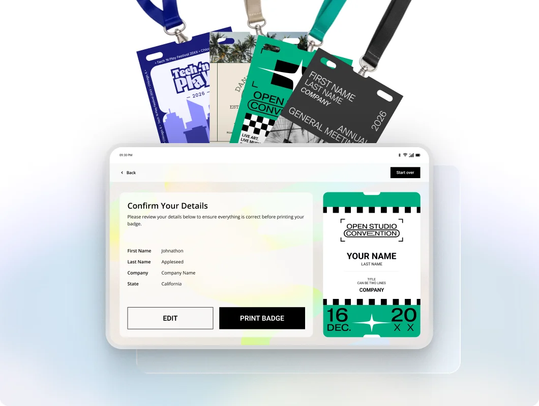 An onsite check-in screen confirming attendee details, with printed badges and lanyards above it